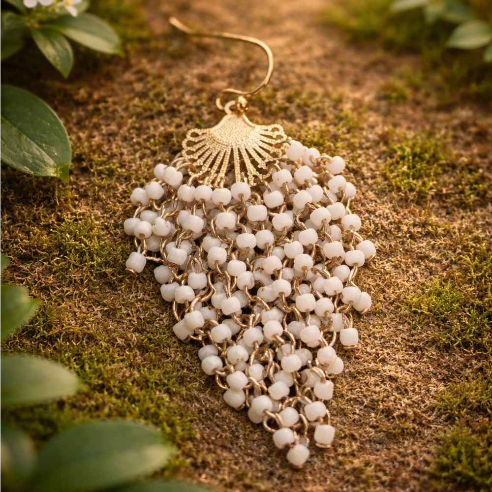 White Beaded Waterfall Cluster Dangle Earrings Go… - image 2